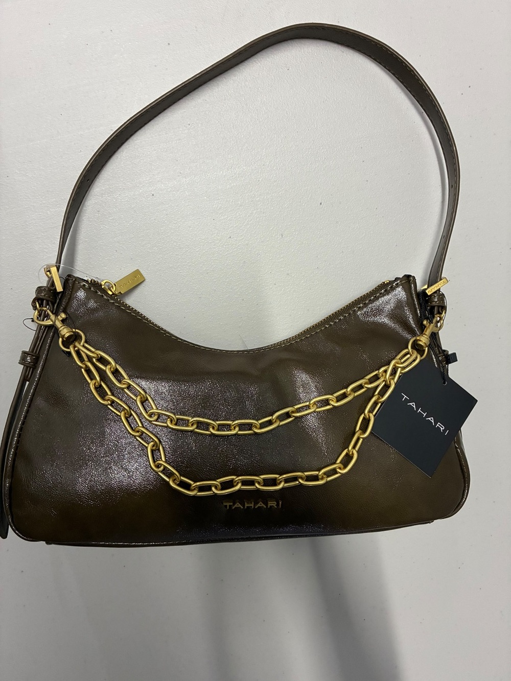 Tahari Dark Brown Shoulder Bag with Gold Chain Accents